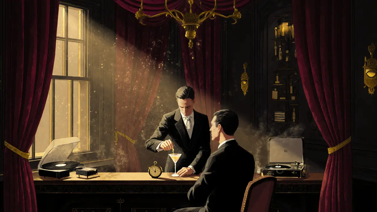 1920s-style speakeasy bar with bartender pouring a smoky cocktail in dim golden light.
