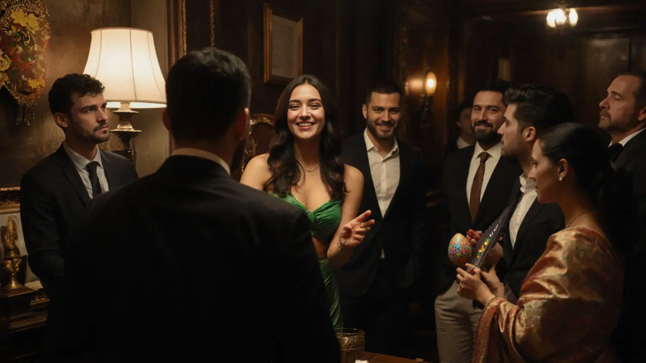 A diverse group of clients listens as an international escort demonstrates samba gestures in a culturally rich Soho lounge.