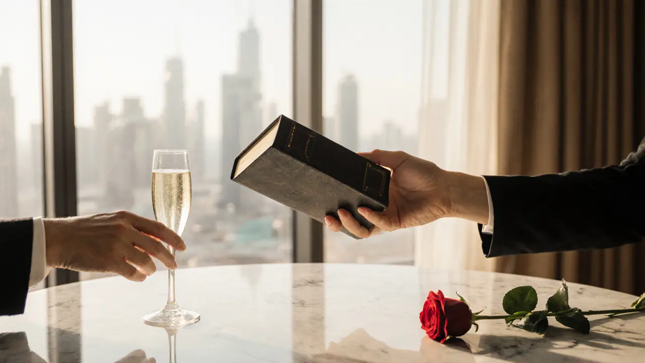 A hand offers a book across a marble table in a luxury Dubai suite, sunlight streaming through windows.