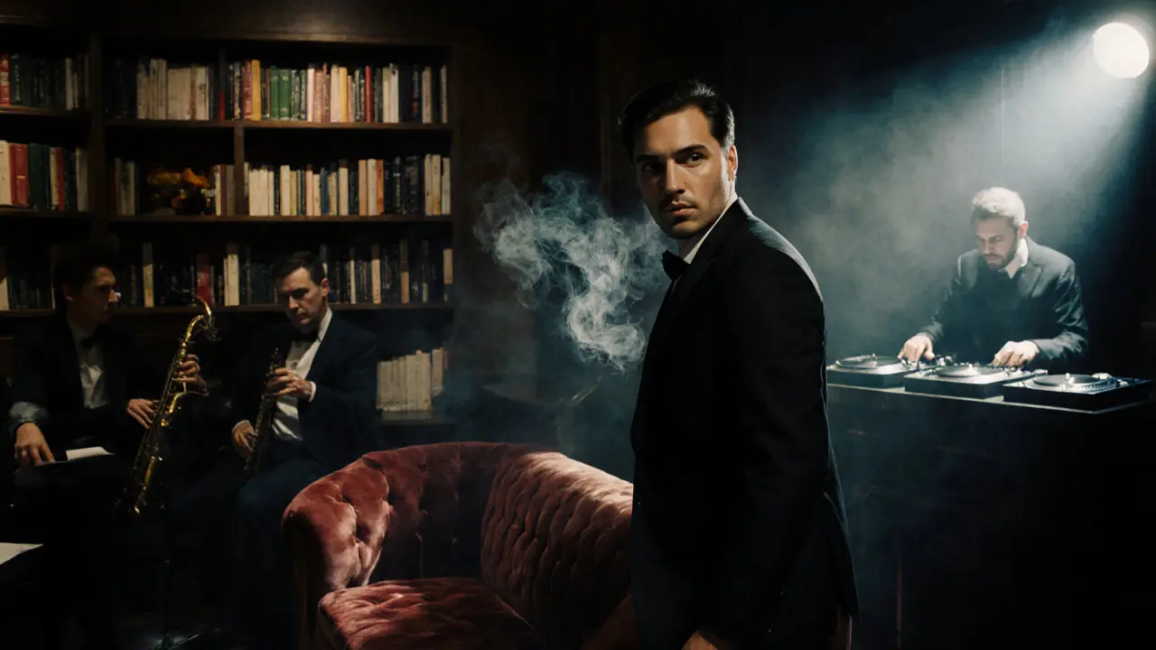 A hidden speakeasy at night, jazz musicians playing as a DJ prepares to take over in the background.