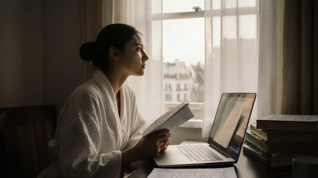 A Ukrainian escort gazes out a morning window in her Notting Hill flat, medical books and a letter visible on the desk.