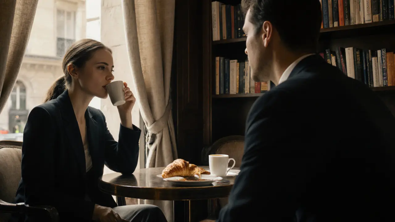 A woman listens intently to a man over espresso in a Saint-Germain café, sunlight streaming through linen curtains.