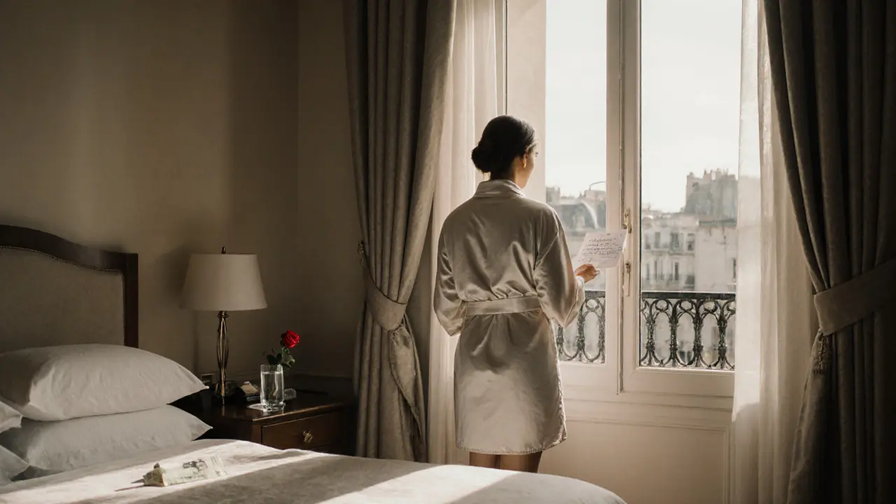 A woman stands by a hotel window in Paris, holding a note, a rose and folded bill on the bedside table.