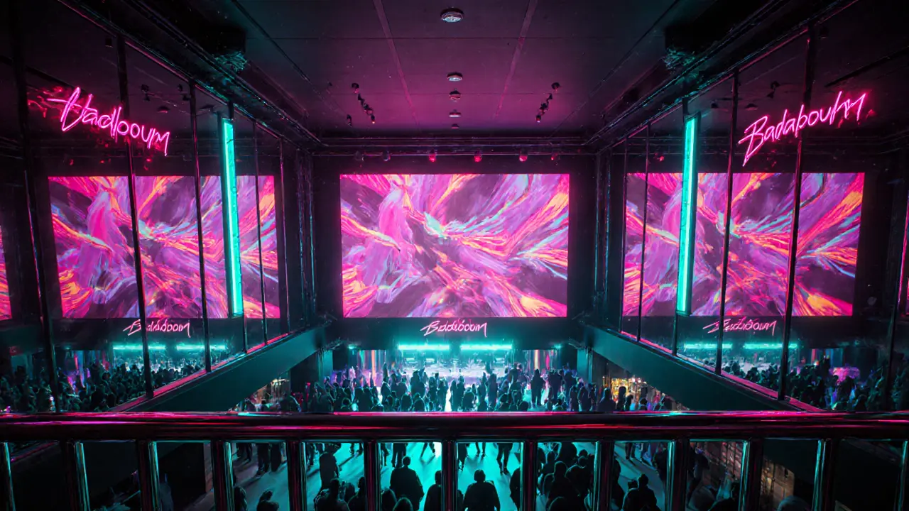 Balcony view of Badaboum club with neon signs and LED screen.