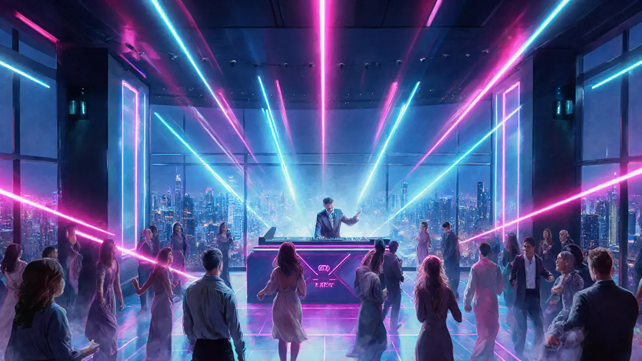 Ce La Vi rooftop nightclub with neon lights, DJ, and stylish guests overlooking the city.
