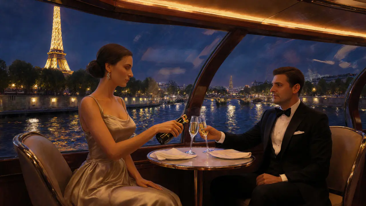 Champagne toast on a glass‑topped Seine cruise with Eiffel Tower glowing.