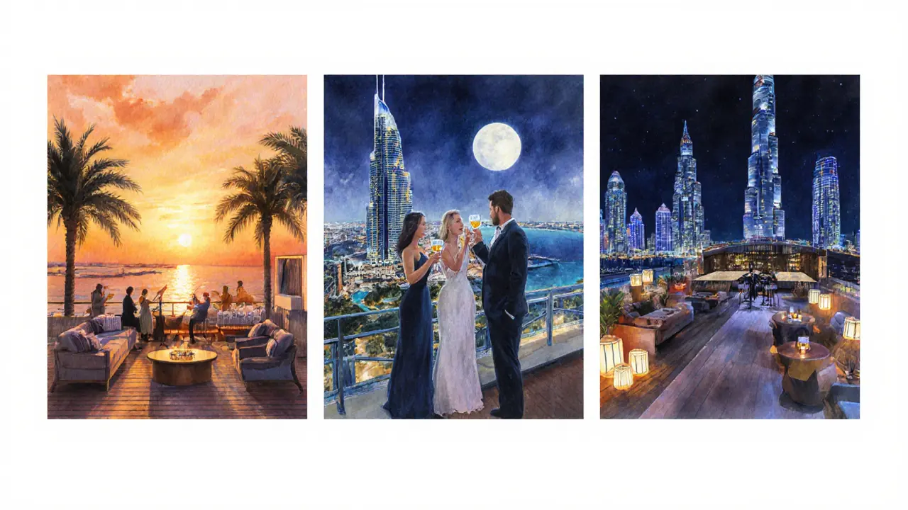 Collage of three Abu Dhabi night scenes: Yas Island sunset, Etihad Towers lounge, Al Maryah jazz bar.