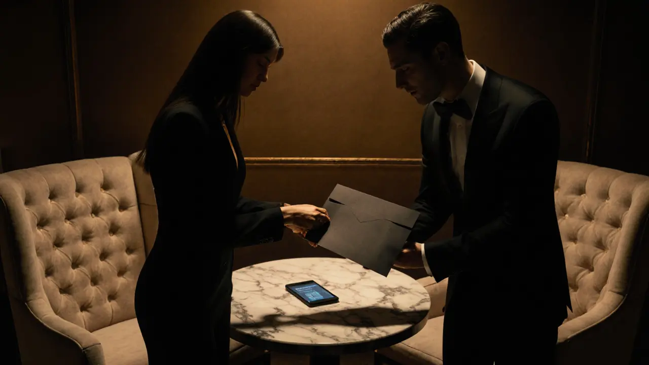 Discreet lounge scene with escort and client exchanging a sealed agreement.