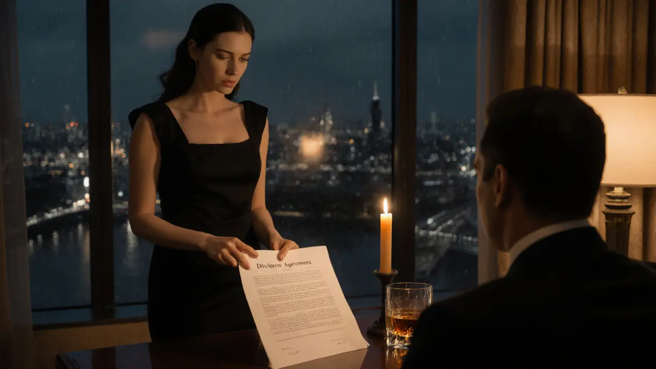 Elegant hotel suite with candlelight, a discreet agreement, and a dressed companion.