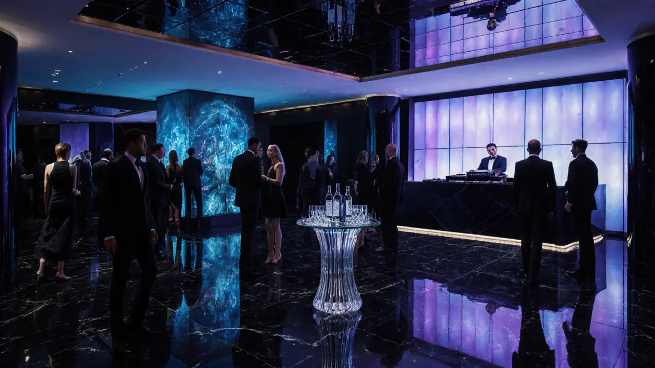 Elegant interior of a high‑end Milan club with stylish guests and LED lighting.