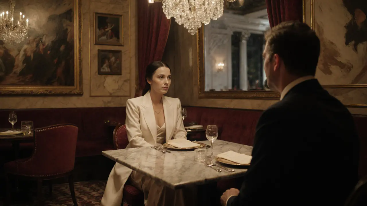 Escort and client sharing a fine dining experience in a luxurious hotel lounge with art and wine.