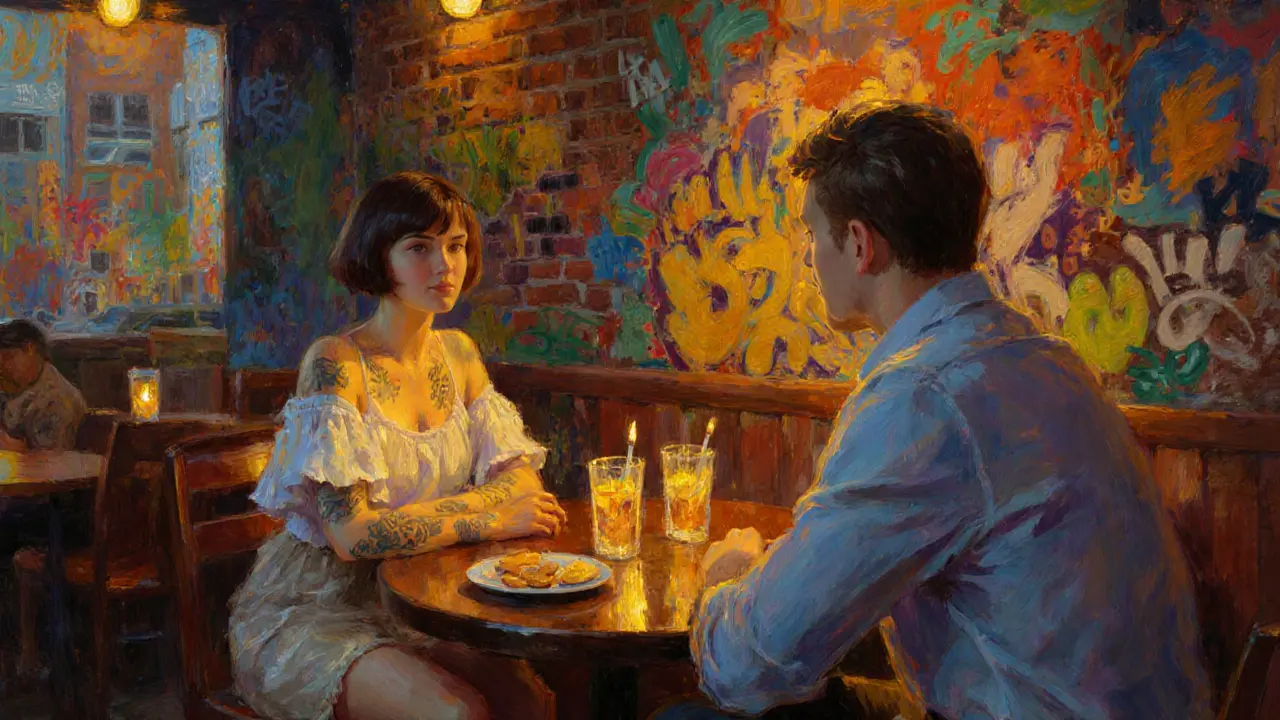 Escort and client sharing drinks in a graffiti‑covered Kreuzberg bar with warm lighting.