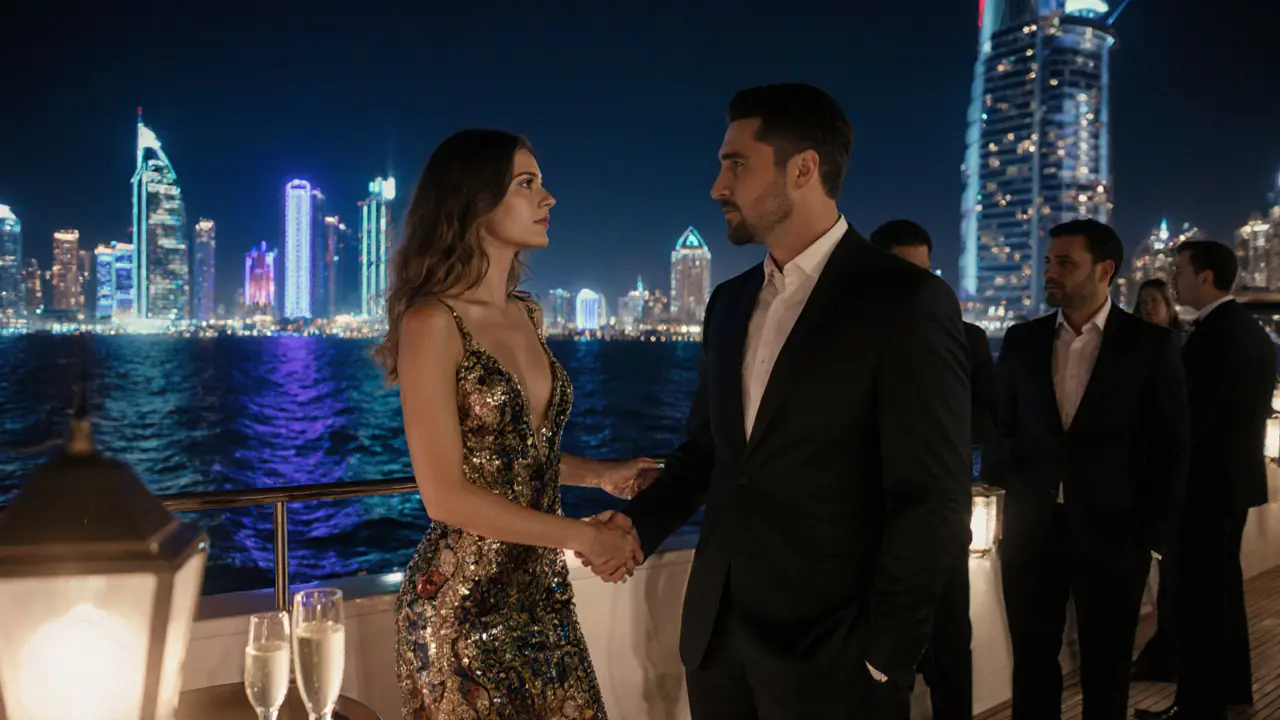Escort in a Versace dress and client on a yacht deck under city lights.