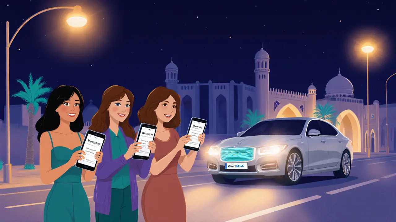 Friends using a ride‑hail app with a female driver car waiting under street lamps in Abu Dhabi.