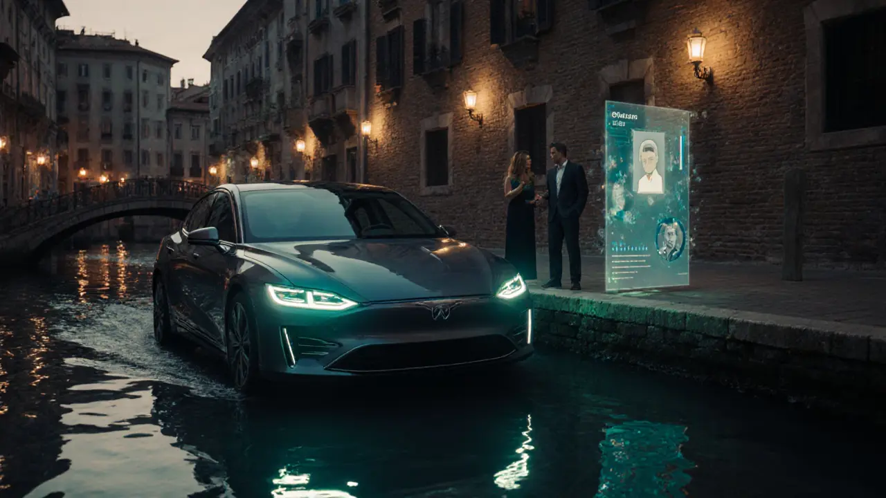 Futuristic AI hologram matching a companion with a client beside an electric car on Milan canals at dusk.