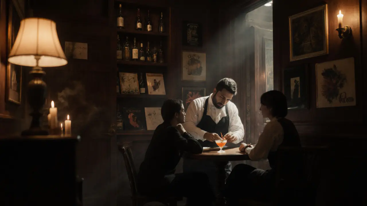 Hidden speakeasy bar with candlelit intimacy, bartender mixing drinks behind a wooden counter.