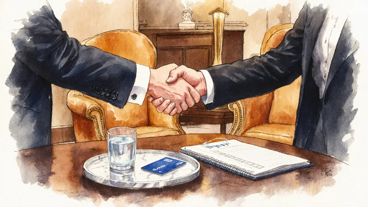 Hotel lobby scene showing handshake, prepaid card on tray, and warm lighting.
