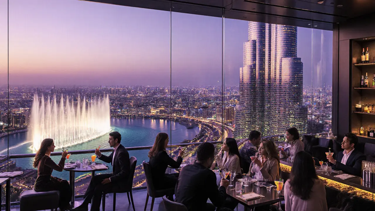 Illustrated view of At.mosphere lounge high above Dubai with city skyline.