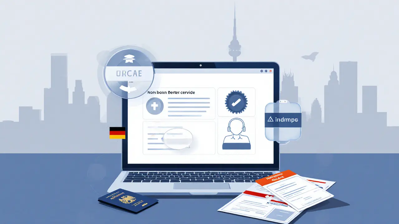 Illustration of a laptop displaying a verified booking platform alongside ID and health documents.
