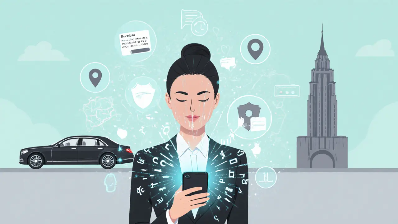 Illustration of an escort using a smartphone with floating security icons in a minimalist setting.