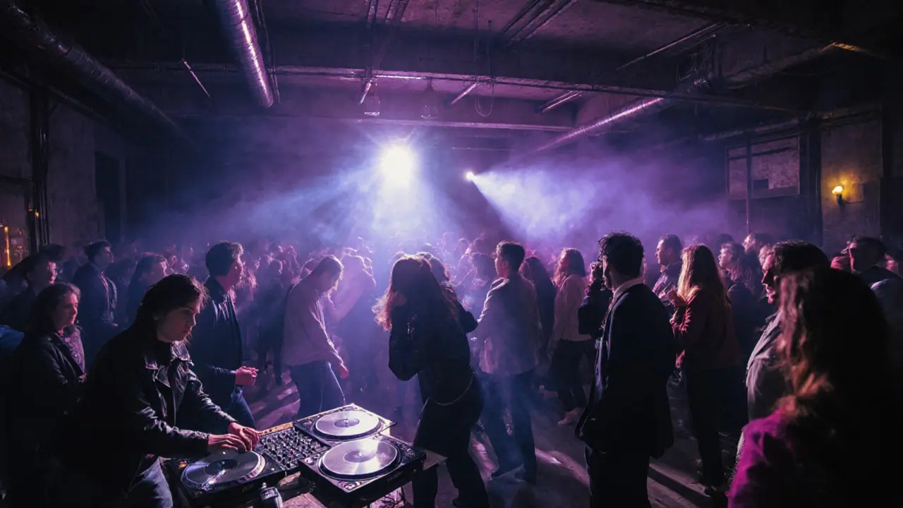 Industrial nightclub with crowd dancing under colored lights, patrons in stylish casual attire.