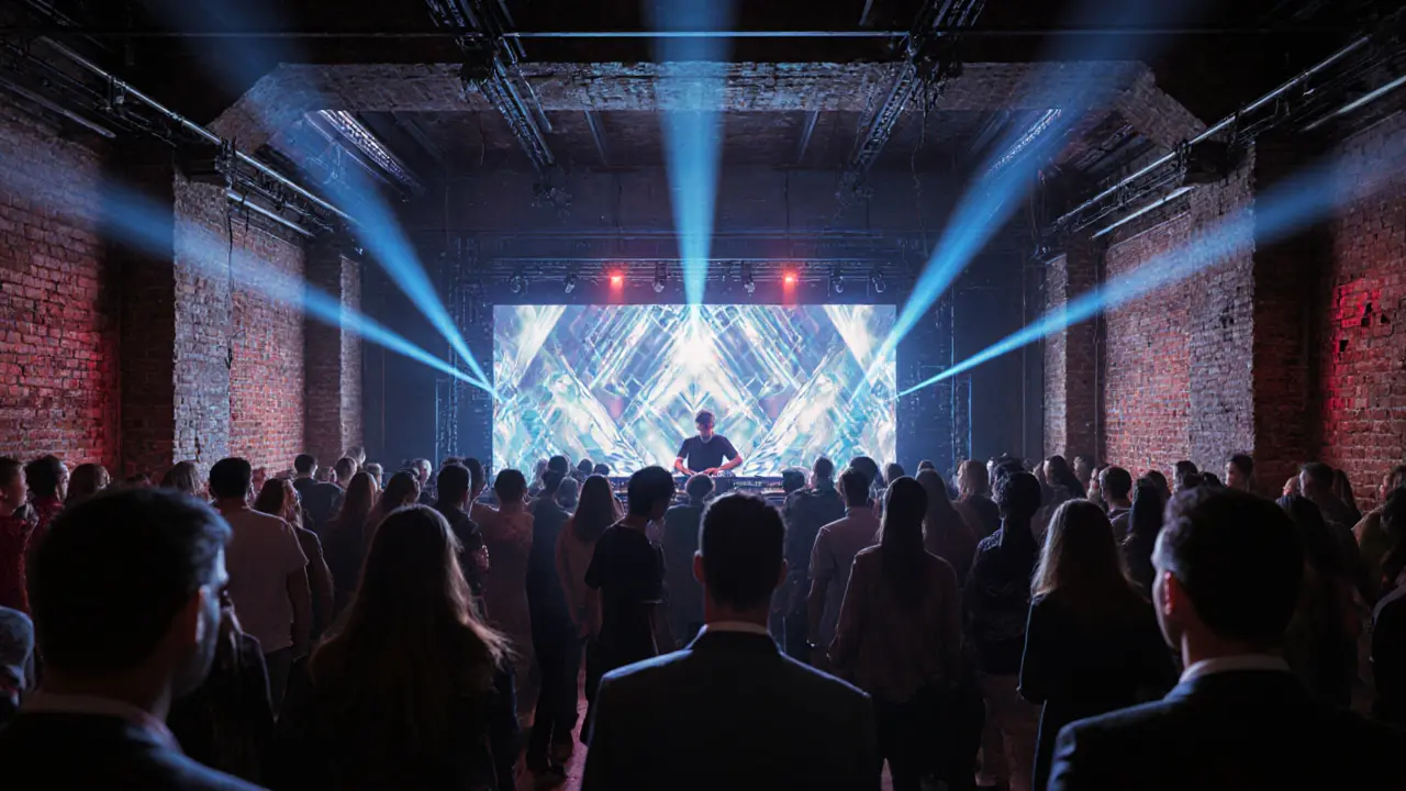 Inside Fabric club with industrial décor, DJ booth, neon lights and dancing crowd.