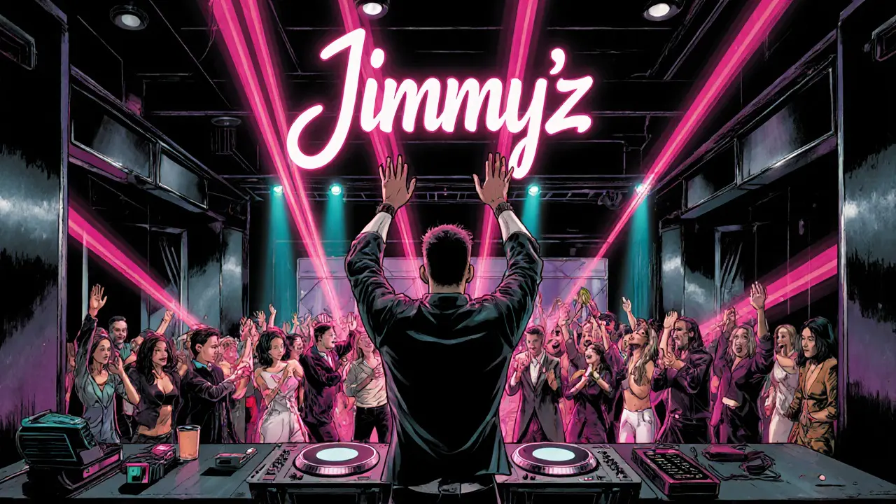 Interior of Jimmy&#039;s nightclub with packed dance floor, DJ booth, neon lights and stylish partygoers.