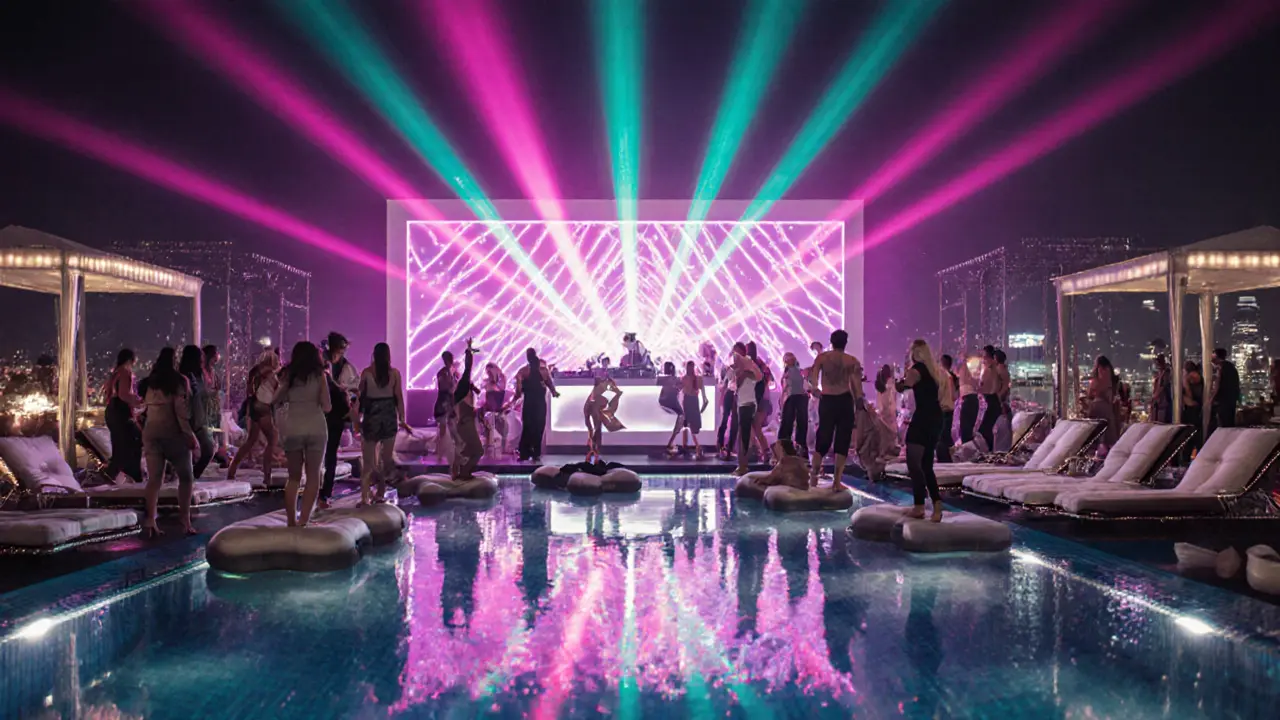 Interior of White Dubai rooftop pool with laser lights and dancing crowd.