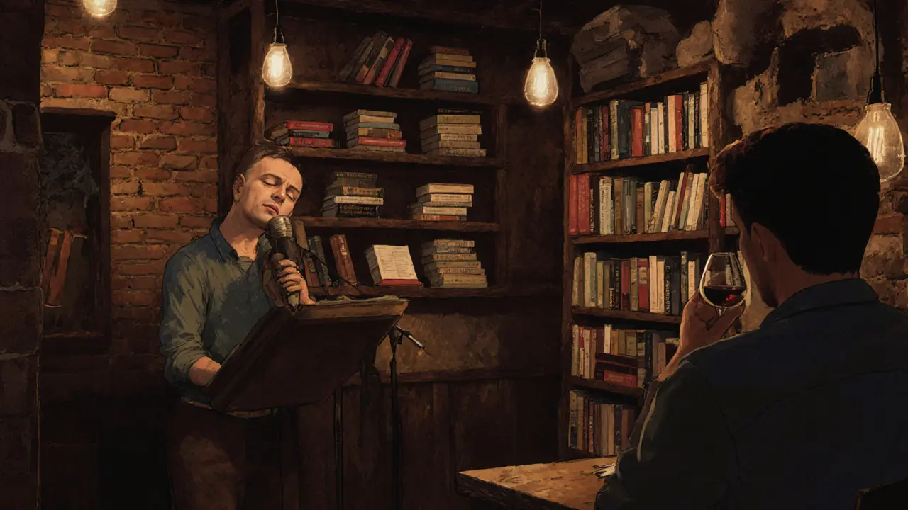 Intimate cellar bar with brick walls, poetry books, and a performer on stage.