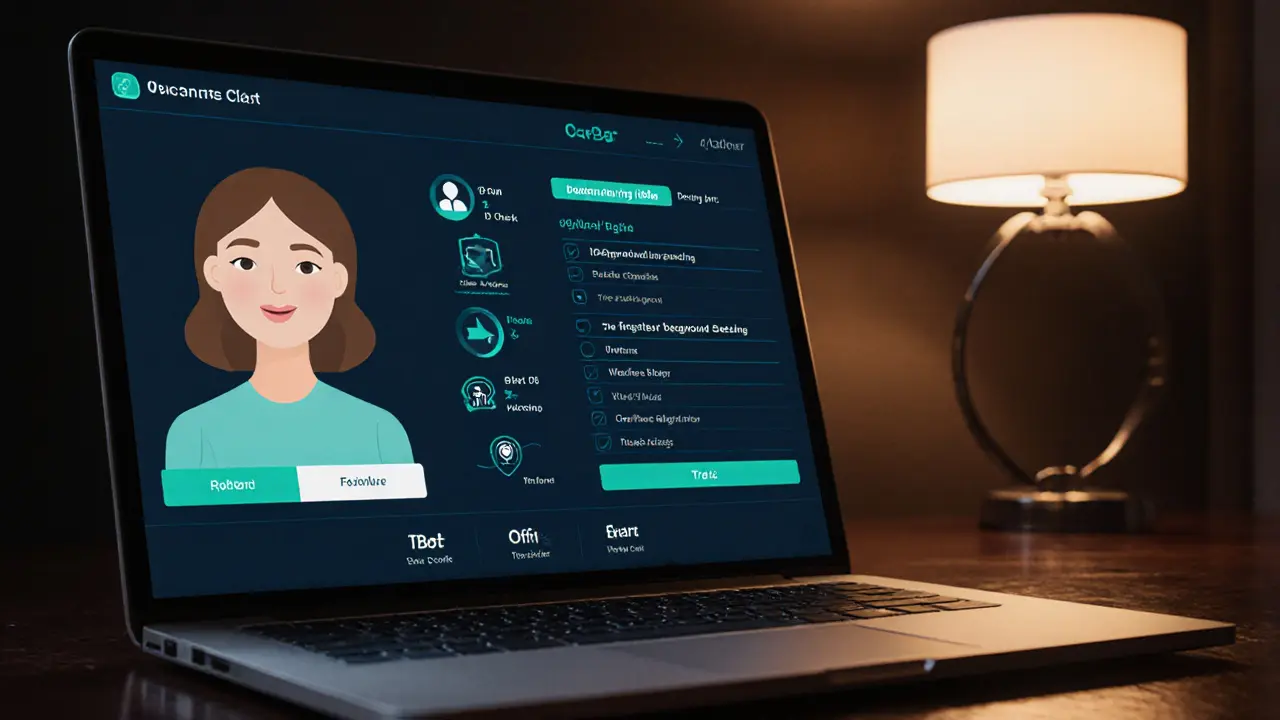 Laptop screen showing a video call and verification checklist with trust badges.