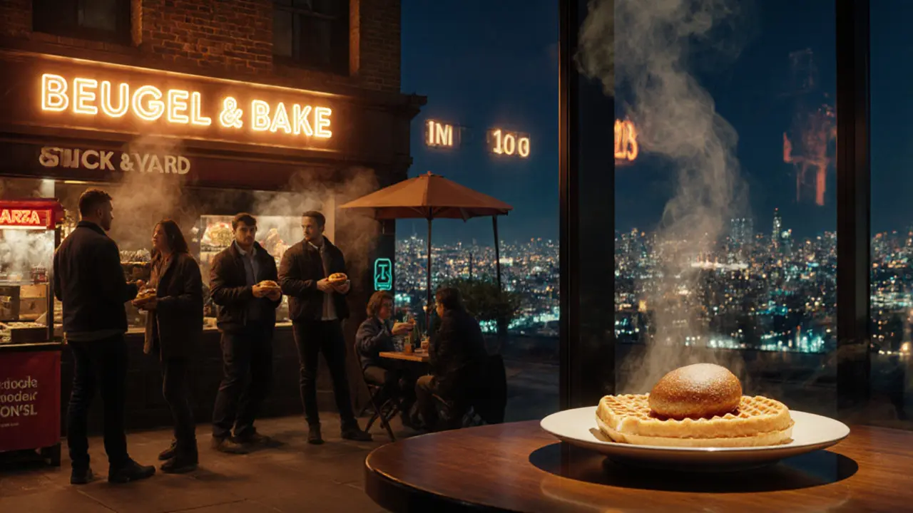 Late‑night food scene with Duck &amp; Waffle high‑rise view, street bakery and neon lights.
