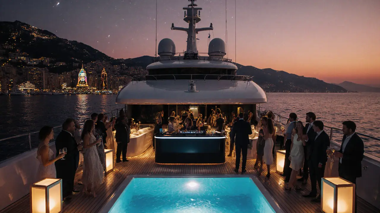 Luxury yacht party at sunset on Monaco’s harbor, with DJ, dancing guests and city lights.