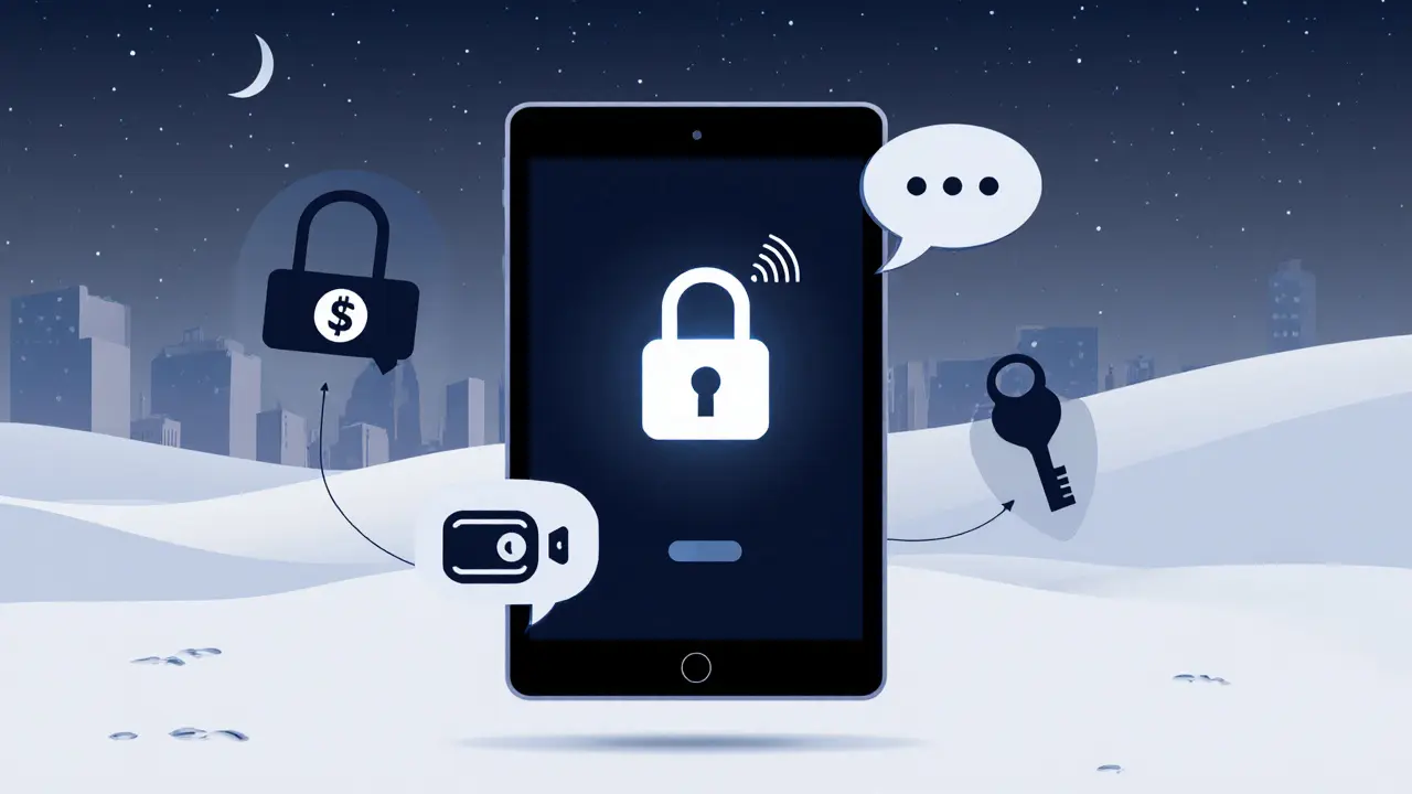 Minimalist illustration of secure booking icons on a tablet.