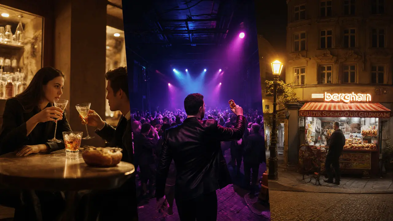 Montage of a night in Berlin: cocktail bar, techno club interior, and late‑night street food stall.