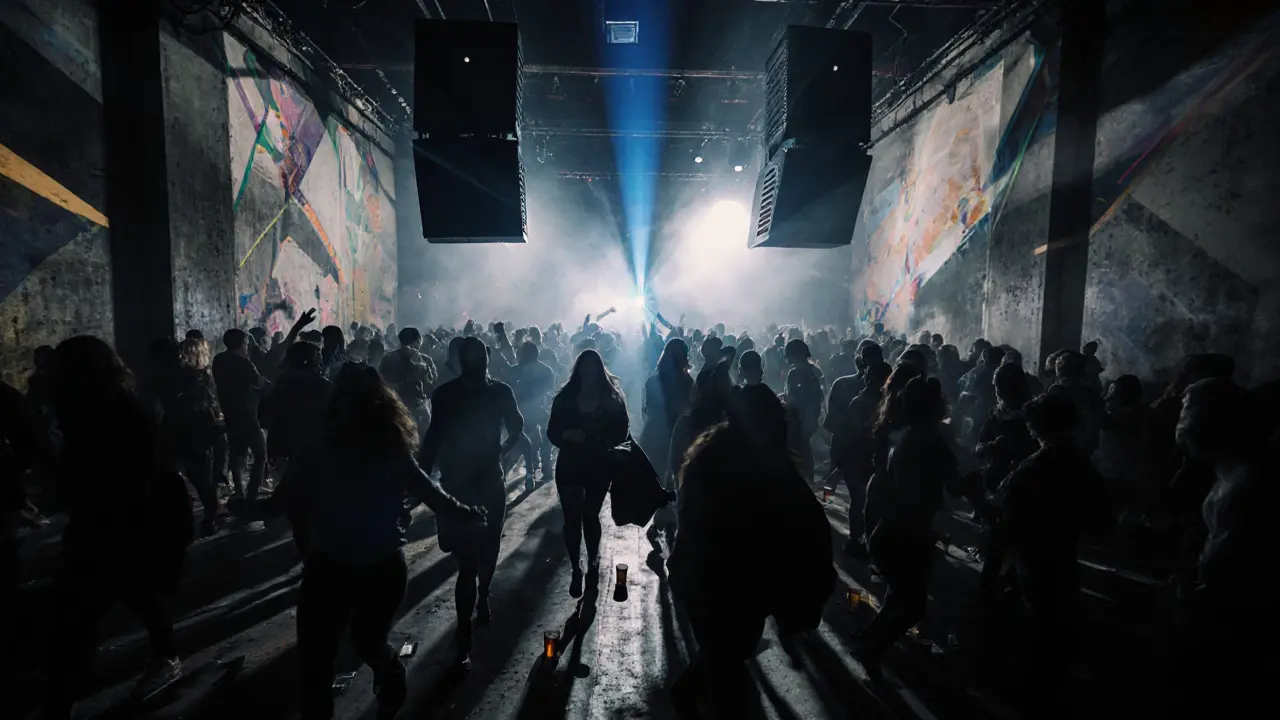 Nightclub with silhouetted dancers under pulsing lights and towering speaker stacks.