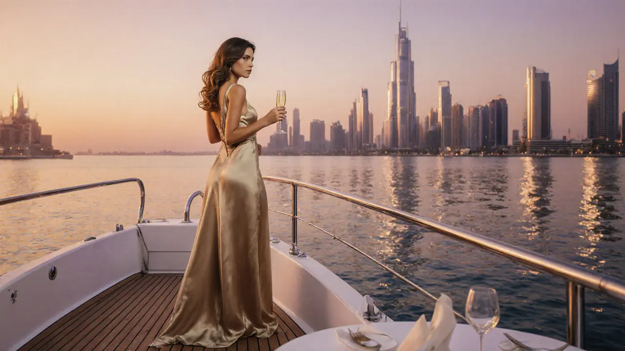 Oil painting of a refined woman on a yacht at sunset with champagne.