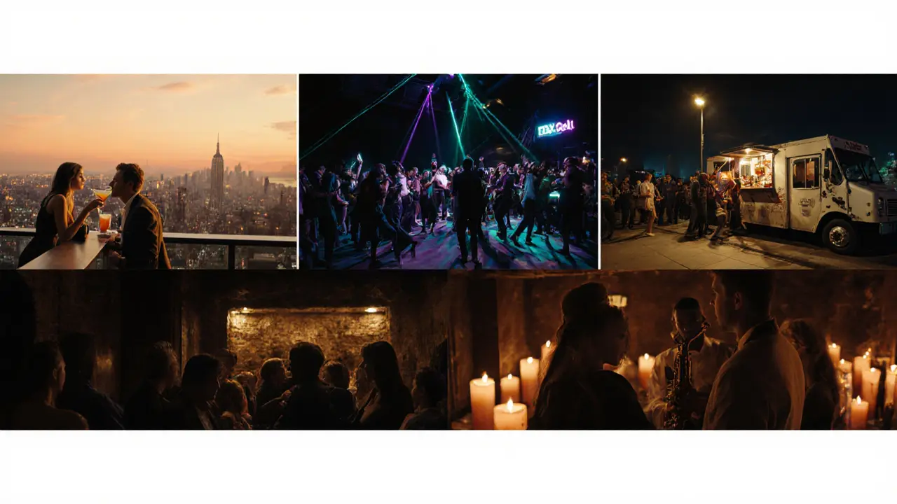 Panoramic view of rooftop cocktail, Rex Club dance floor, food‑truck snack, and intimate jazz cellar.