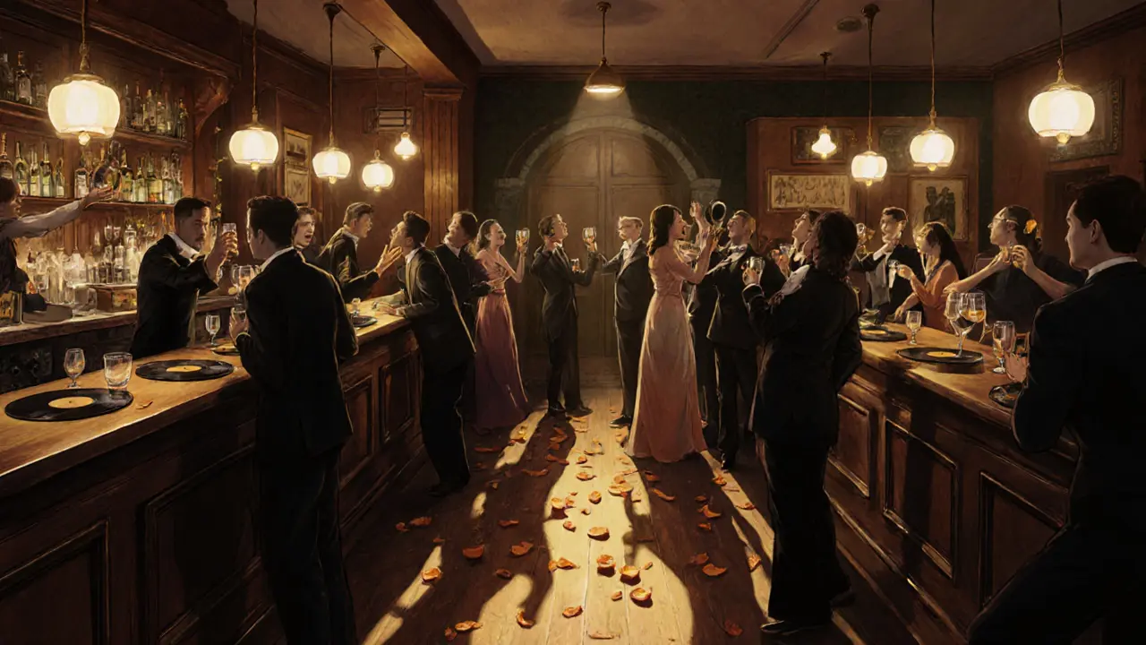 Patrons singing and toasting in a cozy bar turned dance floor, vintage decor and warm lighting.