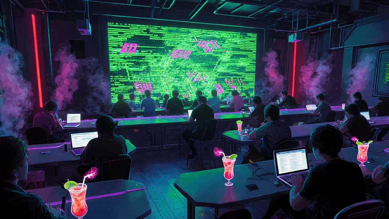 PixelPulse bar interior with LED wall, coding patrons, and glowing cocktails.