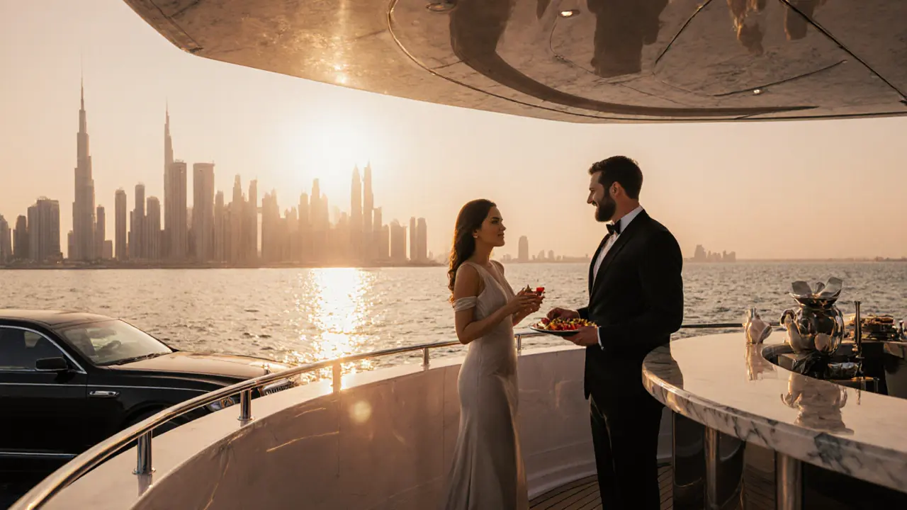 Private yacht at sunset with well‑dressed companion and client enjoying gourmet service.