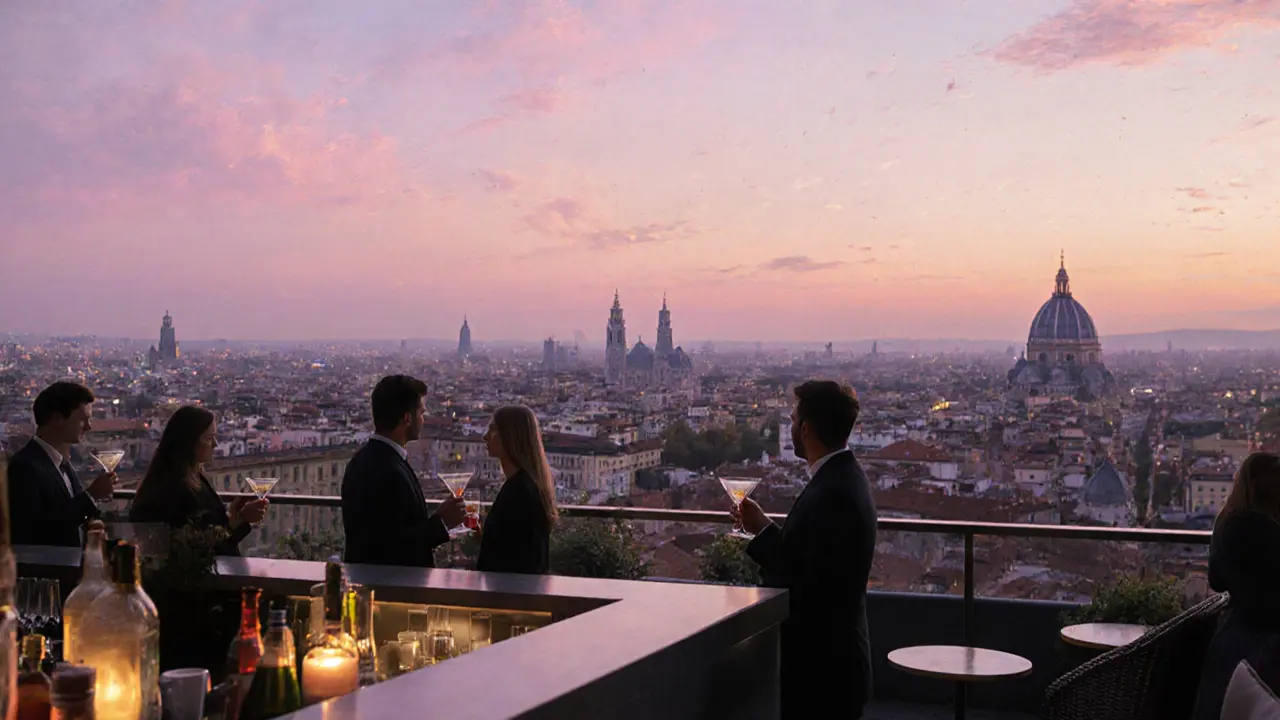 Rooftop bar at sunrise showing Milan skyline and guests with cocktails.
