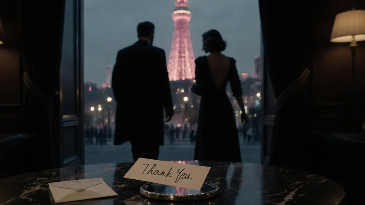 Silhouettes of a client and escort leaving a luxe lounge, with a note and cash on a table.