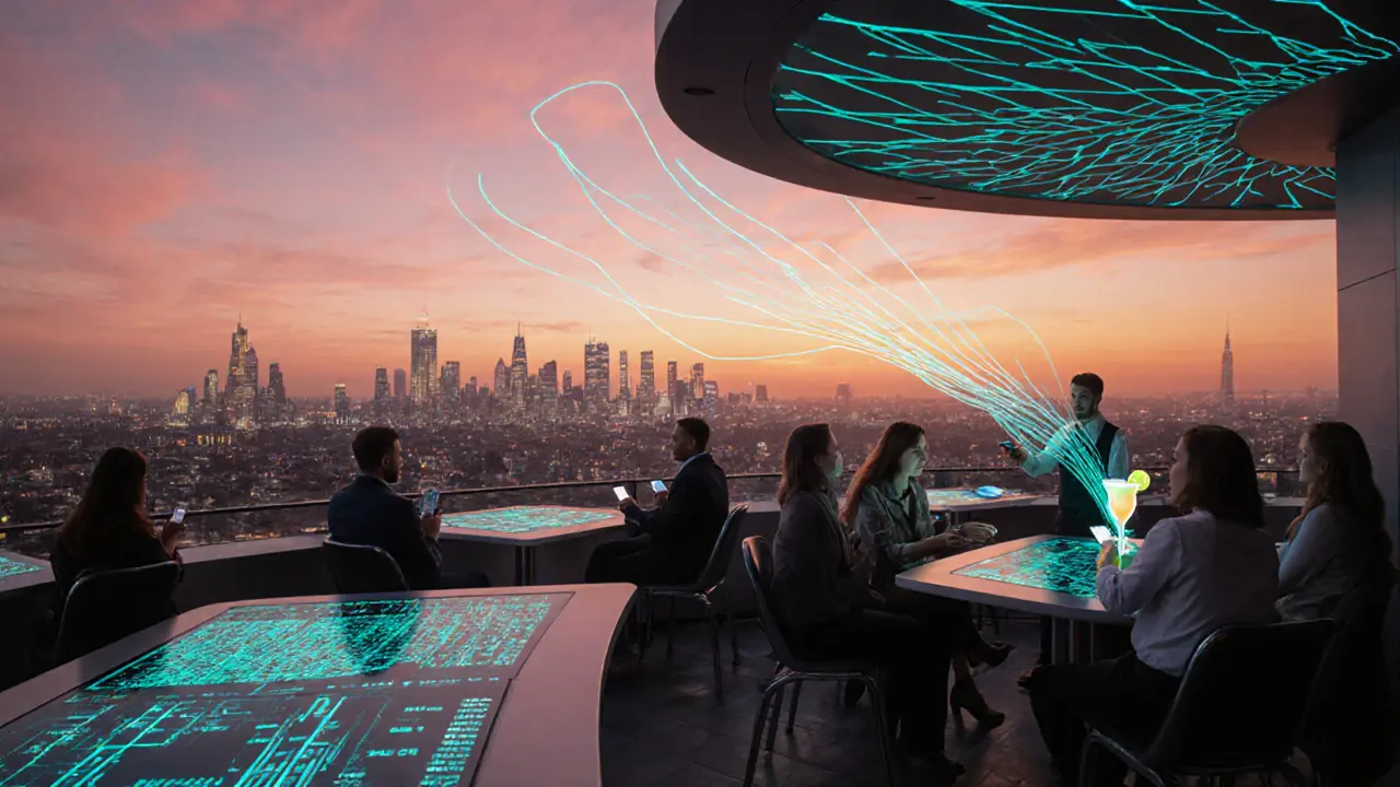 SkylineSync rooftop at sunset with IoT tables showing live city data.