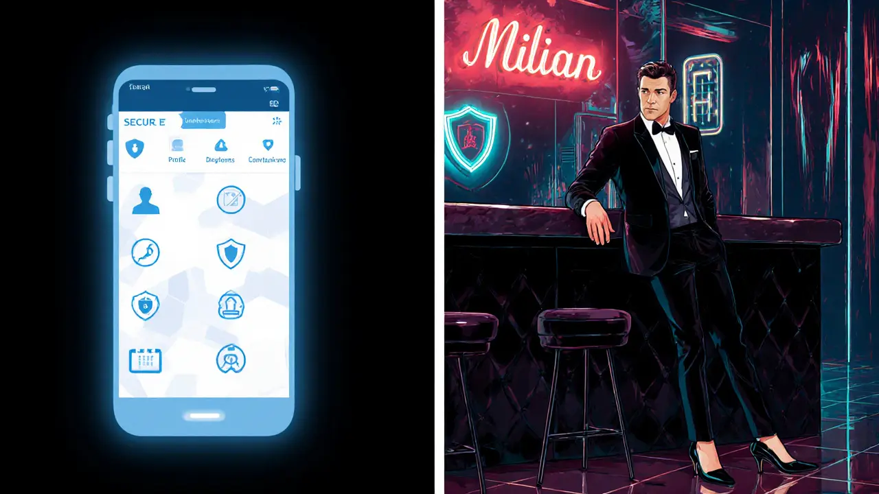 Smartphone showing encrypted booking app beside a stylish companion in a nightclub.