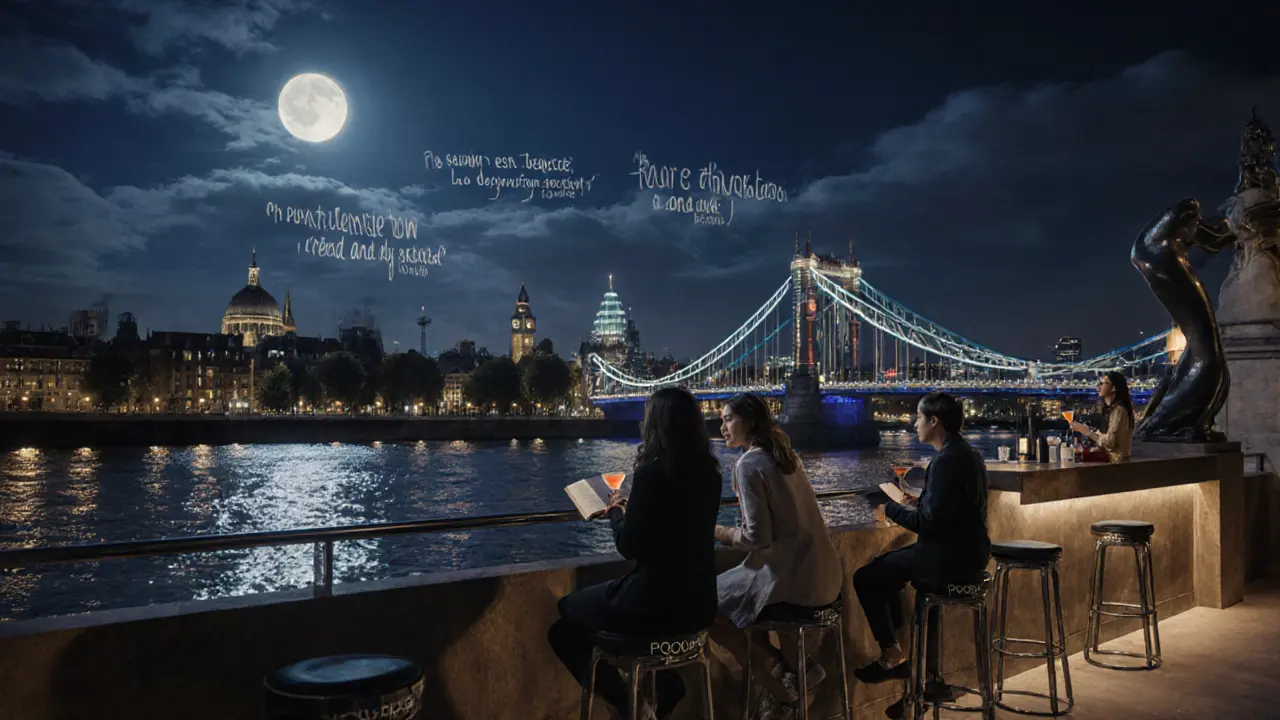 Southbank terrace at night with river views, drinks, and people reading.