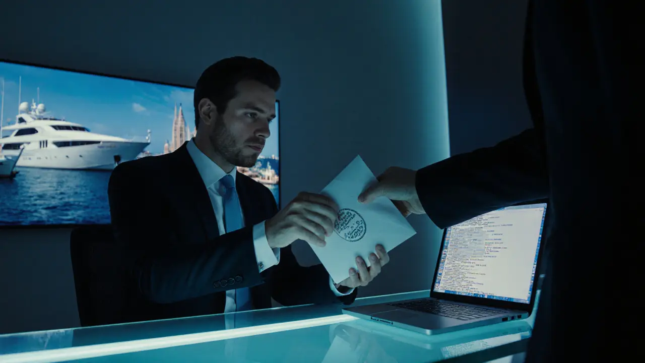 Stylish concierge office showing a discreet handoff between client and manager.