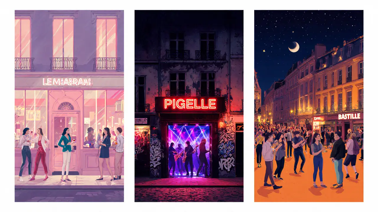 Three night scenes of Le Marais chic bar, Pigalle neon club, and Bastille live‑music venue.