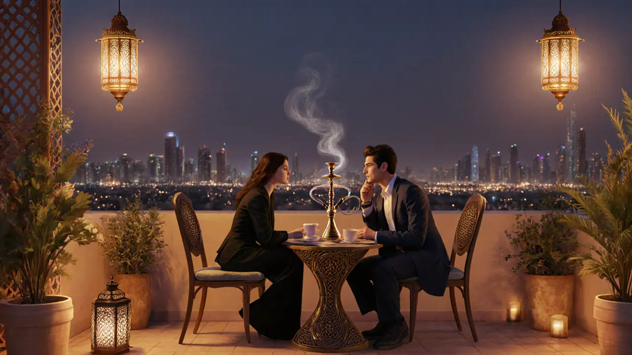 Two people share a quiet moment in a rooftop garden in Dubai, enjoying shisha and coffee under lantern light.