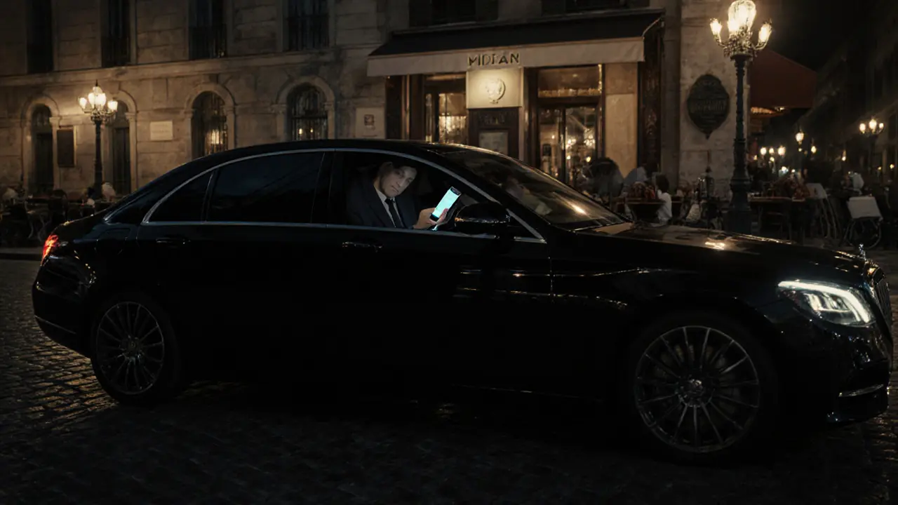 Upscale ride‑hailing car at night with silhouettes of client and escort, city street.