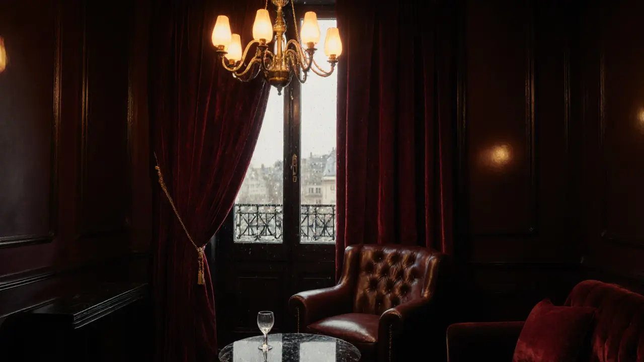 Velvet lounge of Silencio with brass chandelier and city glow.
